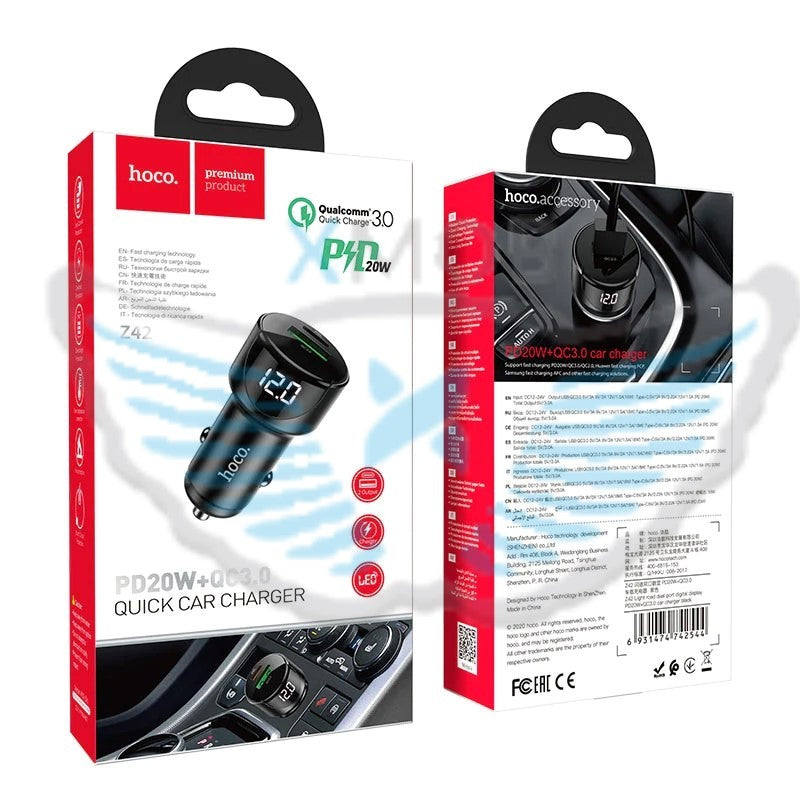 CARICABATTERIE DA AUTO HOCO Z42 DUAL-PORT USB + TYPE-C 20W 3A NERO (BLISTERATO)