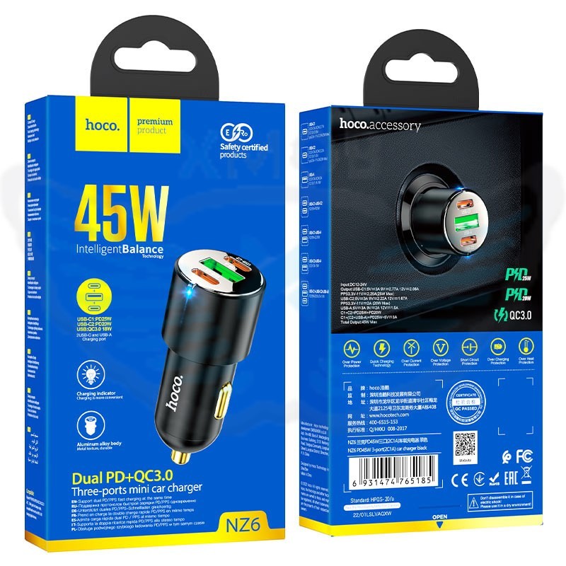 CARICABATTERIE DA AUTO HOCO NZ6 DOPPIA PORTA TYPE-C + 1 PORTA USB 45W 3A NERO (BLISTERATO)