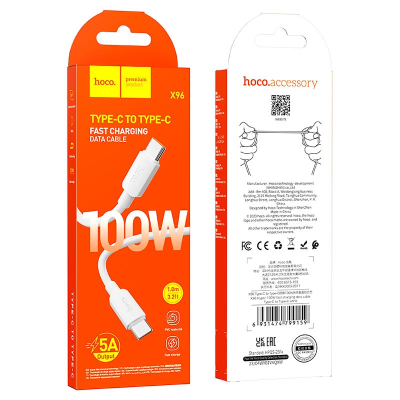 CAVO USB HOCO X96 TYPE-C/TYPE-C BIANCO 100W (BLISTERATO)