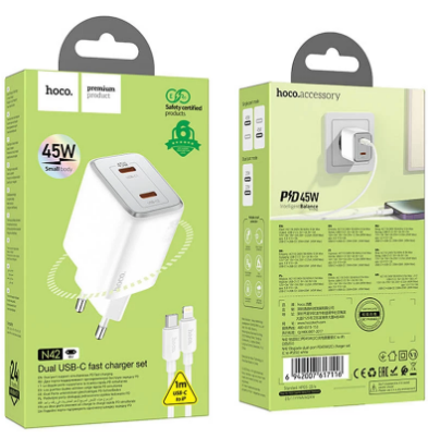 PRESA USB FAST-CHARGE HOCO N42 TYPE-C PORT + CAVO LIGHTNING BIANCA GaN 45W (BLISTERATO)