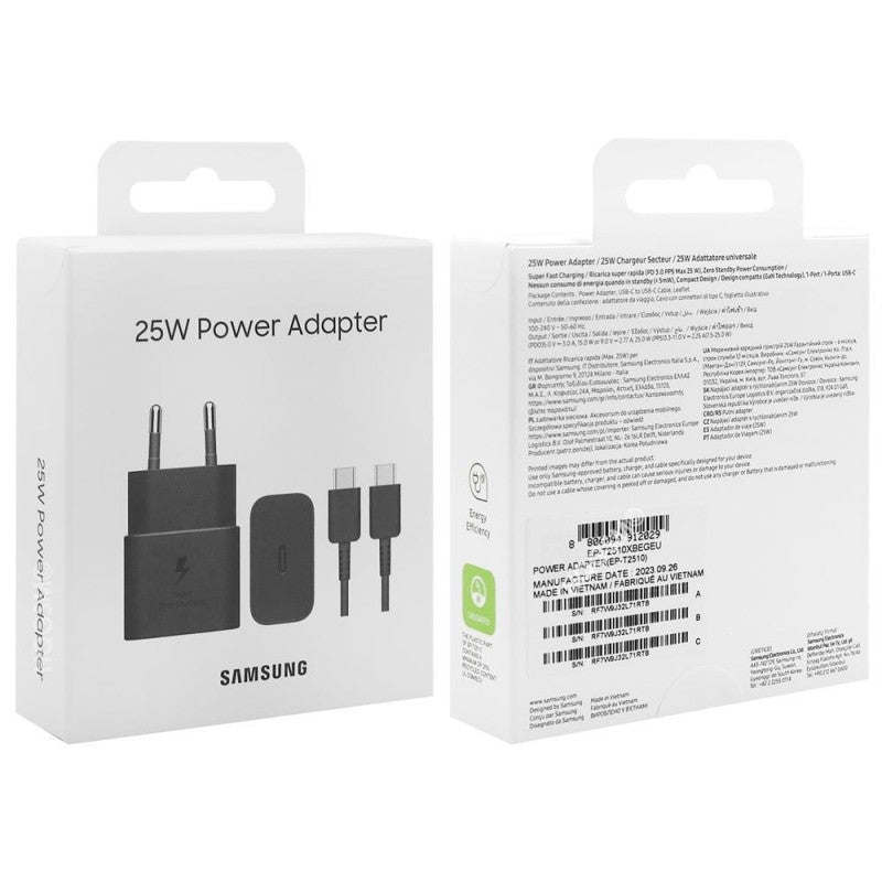PRESA SAMSUNG EP-T2510XBEGEU 2 PIN SUPER FAST CHARGE 3A + CAVO TYPE-C/TYPE-C NERO (BLISTERATO)