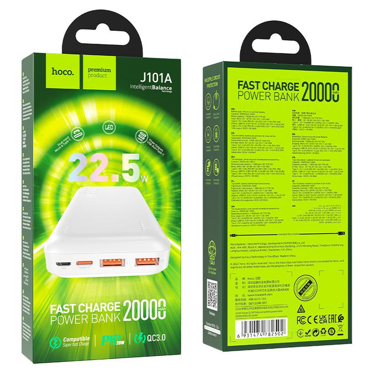 POWERBANK HOCO J101A 20000mAh 2X USB+TYPE-C 3A 22.5W BIANCO