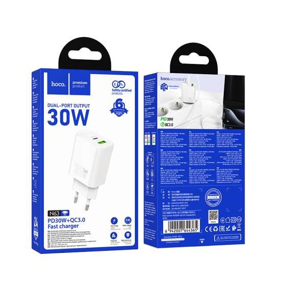 PRESA USB SUPER-CHARGE HOCO N63 DUAL PORT (TYPE-A TYPE-C) BIANCO 5V 3A 30W (BLISTERATO)