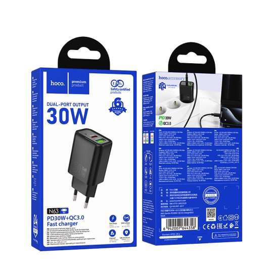 PRESA USB SUPER-CHARGE HOCO N63 DUAL PORT (TYPE-A TYPE-C) NERO 5V 3A 30W (BLISTERATO)