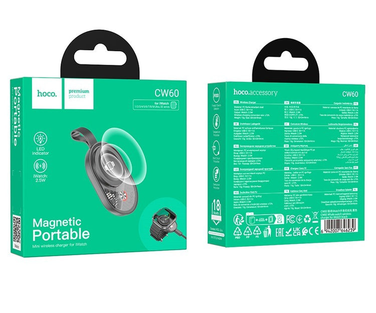 CARICABATTERIE INDUTTIVO HOCO CW60 2,5W MAGSAFE PER APPLE E SAMSUNG WATCH NERO