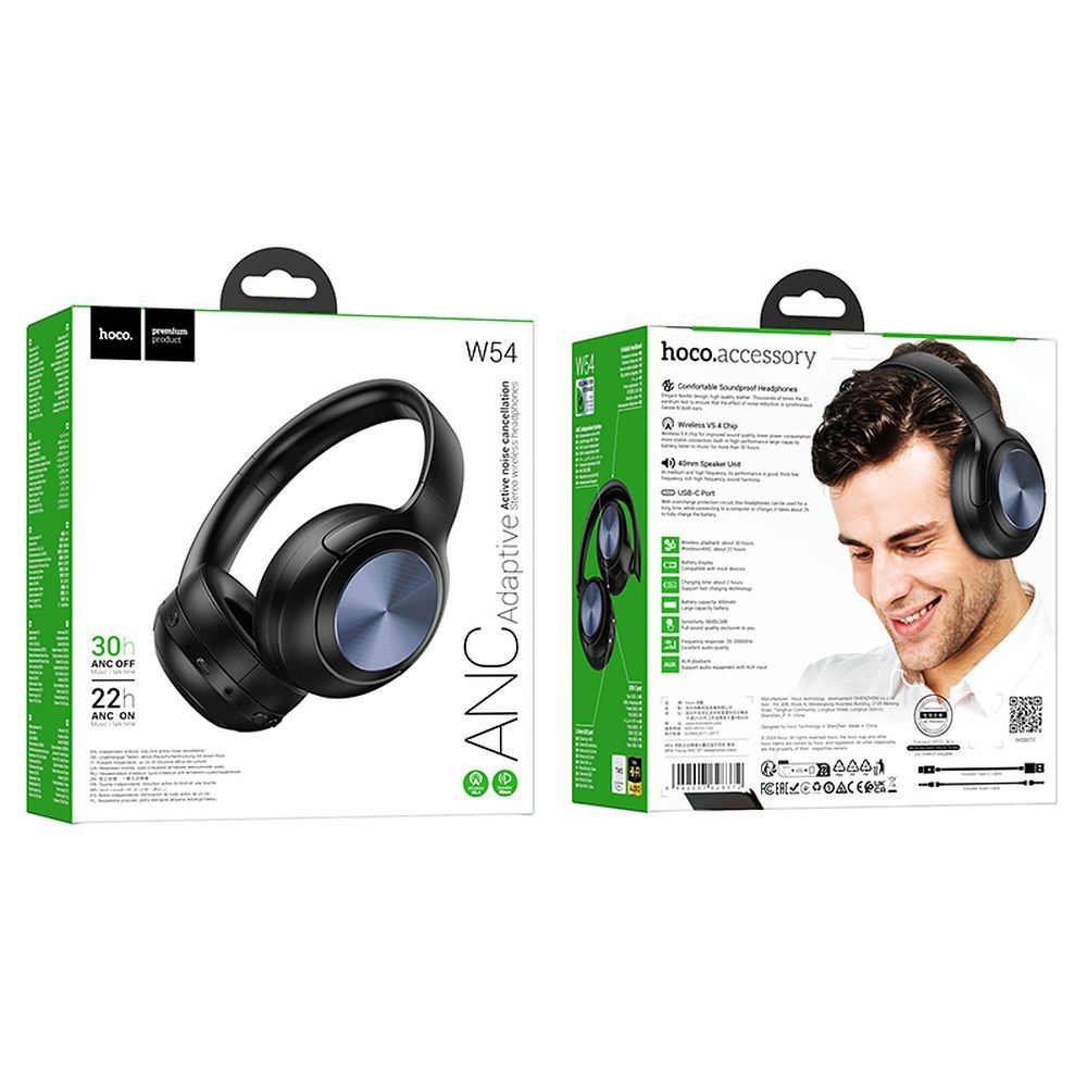 CUFFIE HOCO + MICROFONO BLUETOOTH W54 ANC NERO (BLISTERATO)