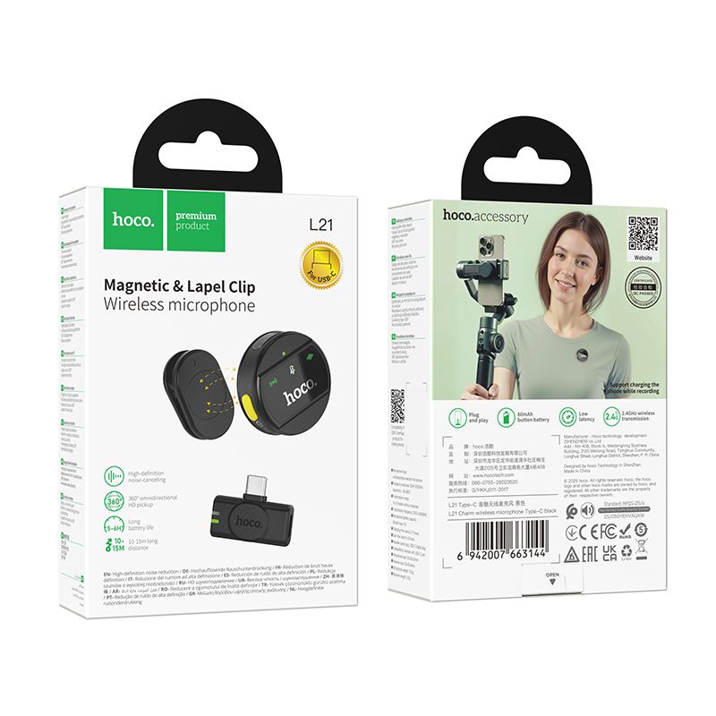 HOCO L21 MICROFONO WIRELESS CON BASE INGRESSO TYPE-C NERO (BLISTERATO)