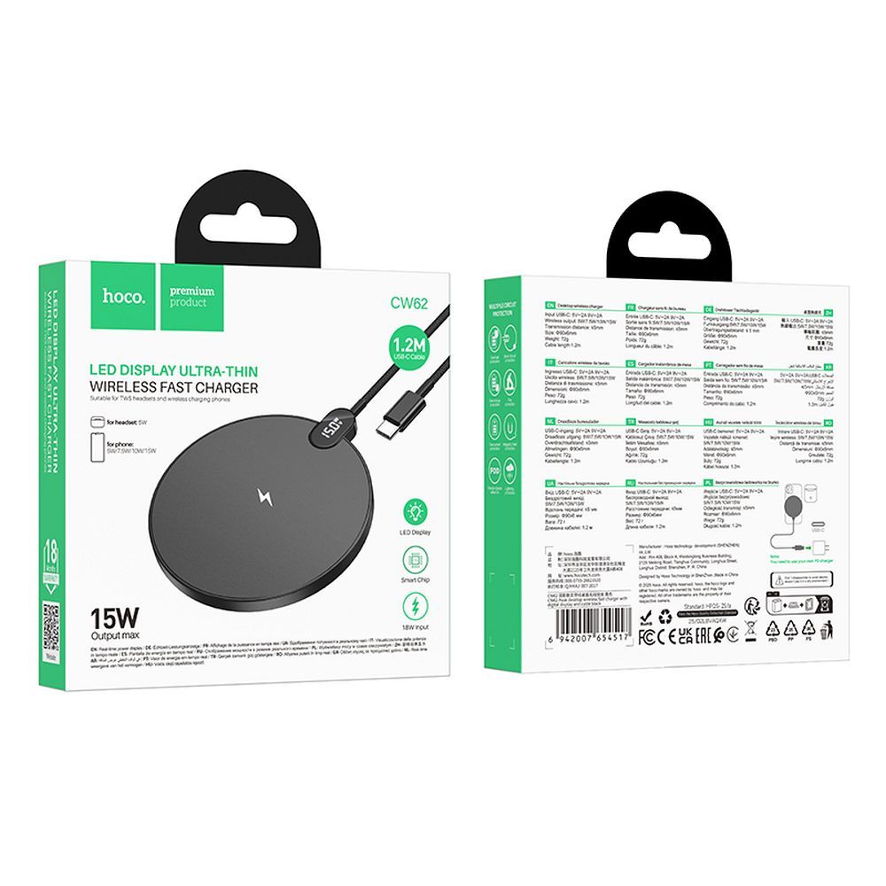 CARICABATTERIE INDUTTIVO HOCO CW62 15W MAGSAFE CON CAVO TYPE-C NERO