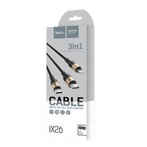 CAVO USB HOCO X26 3 in 1  LIGHTNING/MICRO/TYPE-C NERO/GOLD (BLISTERATO)