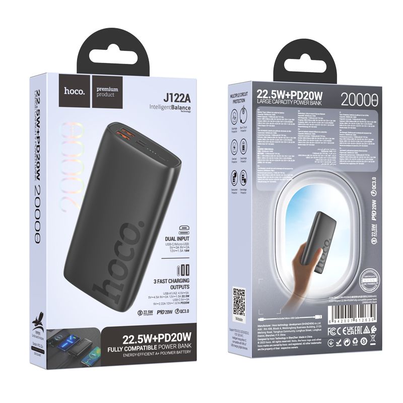 POWERBANK HOCO J122A 20000mAh 2X USB+TYPE-C 3A 22.5W NERO