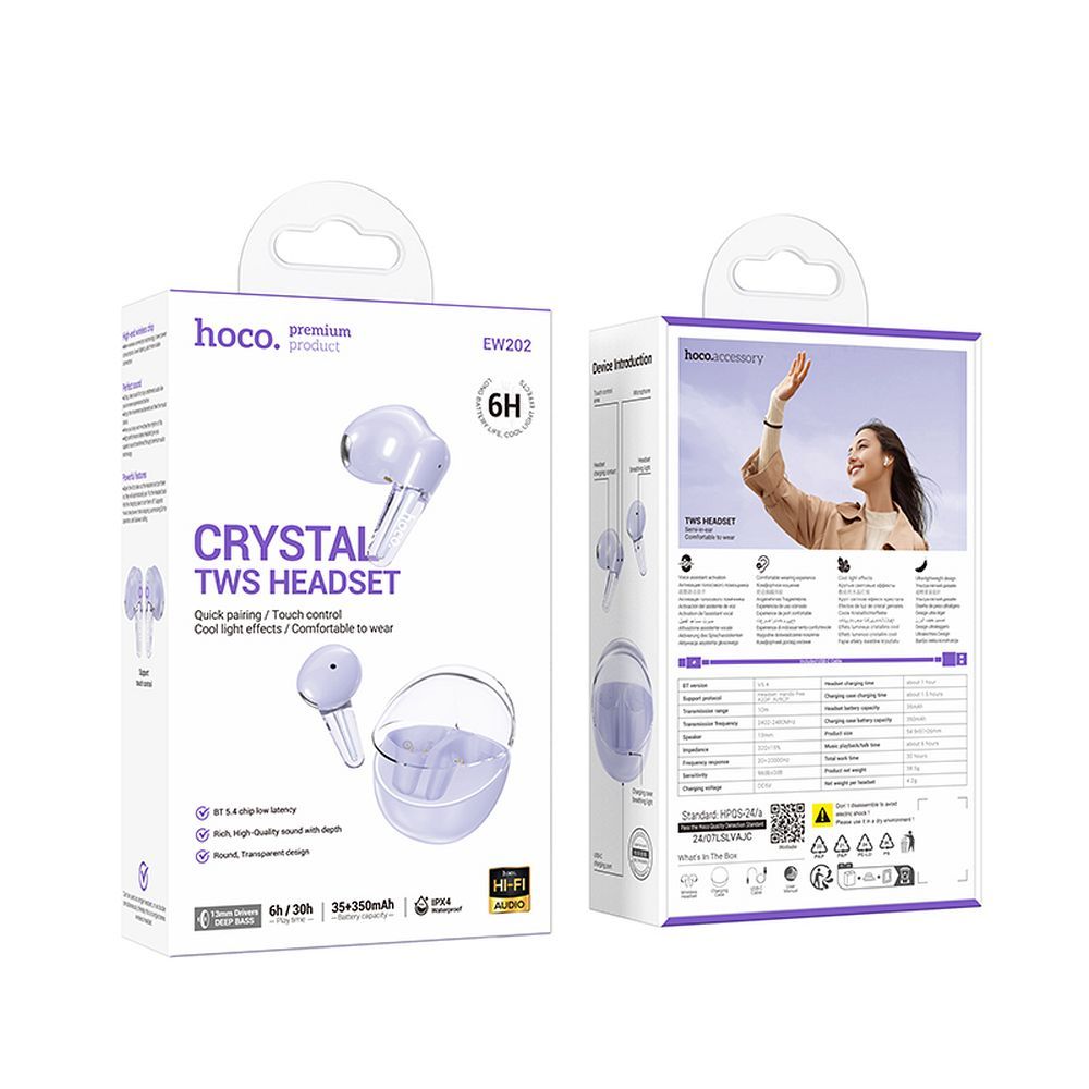 AURICOLARI HOCO EW202 BLUETOOTH + CUSTODIA/BASE DI CARICA VIOLA (BLISTERATO)