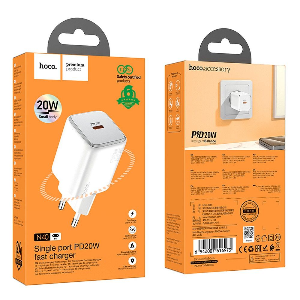 PRESA USB FAST-CHARGE HOCO N40 TYPE-C PORT BIANCA 5V 3A 20W (BLISTERATO)