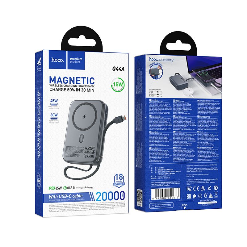 POWERBANK hoco. Q44A 20000mAh PD45W+QC3.0 + MAGSAFE NERO + CAVO TYPE-C