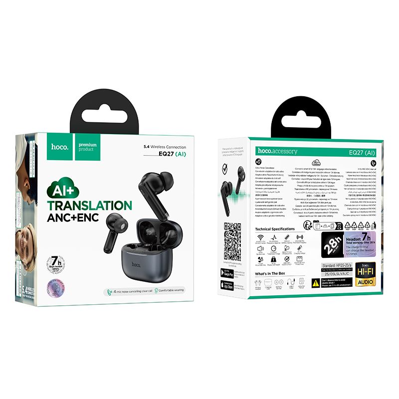 AURICOLARI HOCO EQ27 BLUETOOTH + CUSTODIA/BASE DI CARICA GRIGIO ANC + ENC + TRADUTTORE AI (BLISTERATO)