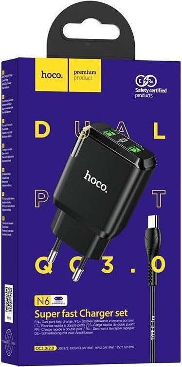 PRESA USB SUPER-CHARGE HOCO N6.C DUAL PORT + CAVO TYPE-C NERO 5V 3A 18W (BLISTERATO)