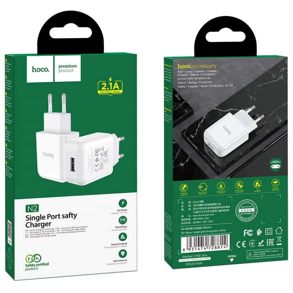PRESA USB HOCO N2 SINGLE PORT BIANCO 2.1A (BLISTERATO)