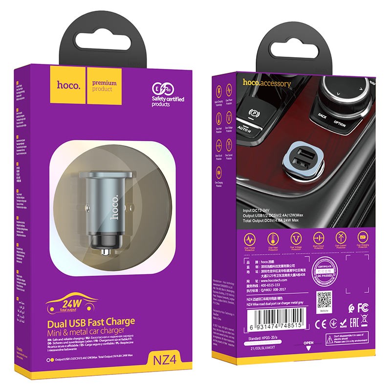 CARICABATTERIE DA AUTO HOCO NZ4 2XUSB 20W 8A GRIGIO (BLISTERATO)
