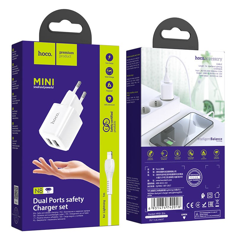 PRESA USB HOCO N8.L DUAL PORT + CAVO LIGHTNING BIANCO 2.1A (BLISTERATO)