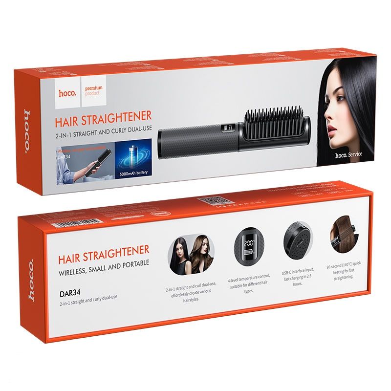 HOCO DAR34 PIASTRA PER CAPELLI PORTATILE CON PETTINE + DISPLAY GRIGIO  (Batteria 5000 mAh  / 140° in 90 secondi)