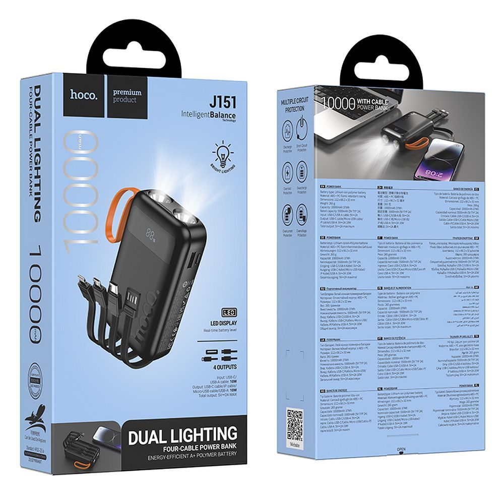 POWERBANK hoco. J151 10000mAh + CAVO MICRO + CAVO TYPE-A + CAVO TYPE-C + CAVO LIGHTNING 2A NERO CON DOPPIA TORCIA