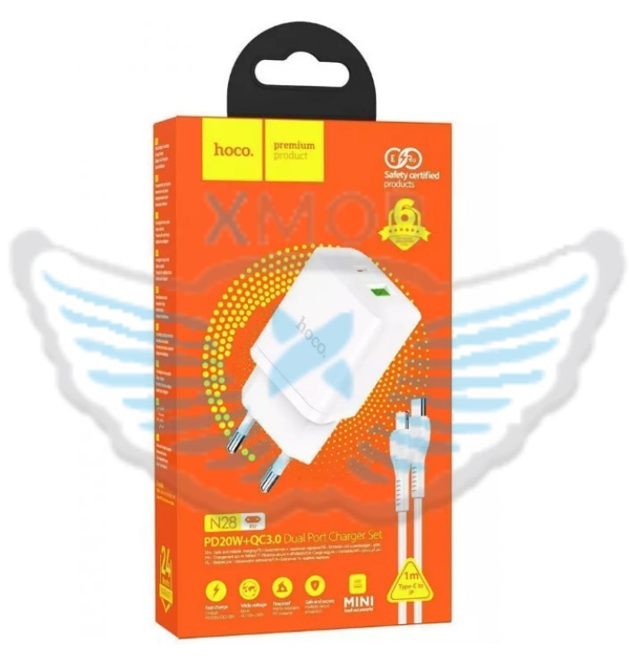 PRESA USB SUPER-CHARGE HOCO N28.CL DUAL PORT + CAVO TYPE-C/LIGHTNING BIANCO 5V 3A 20W (BLISTERATO)