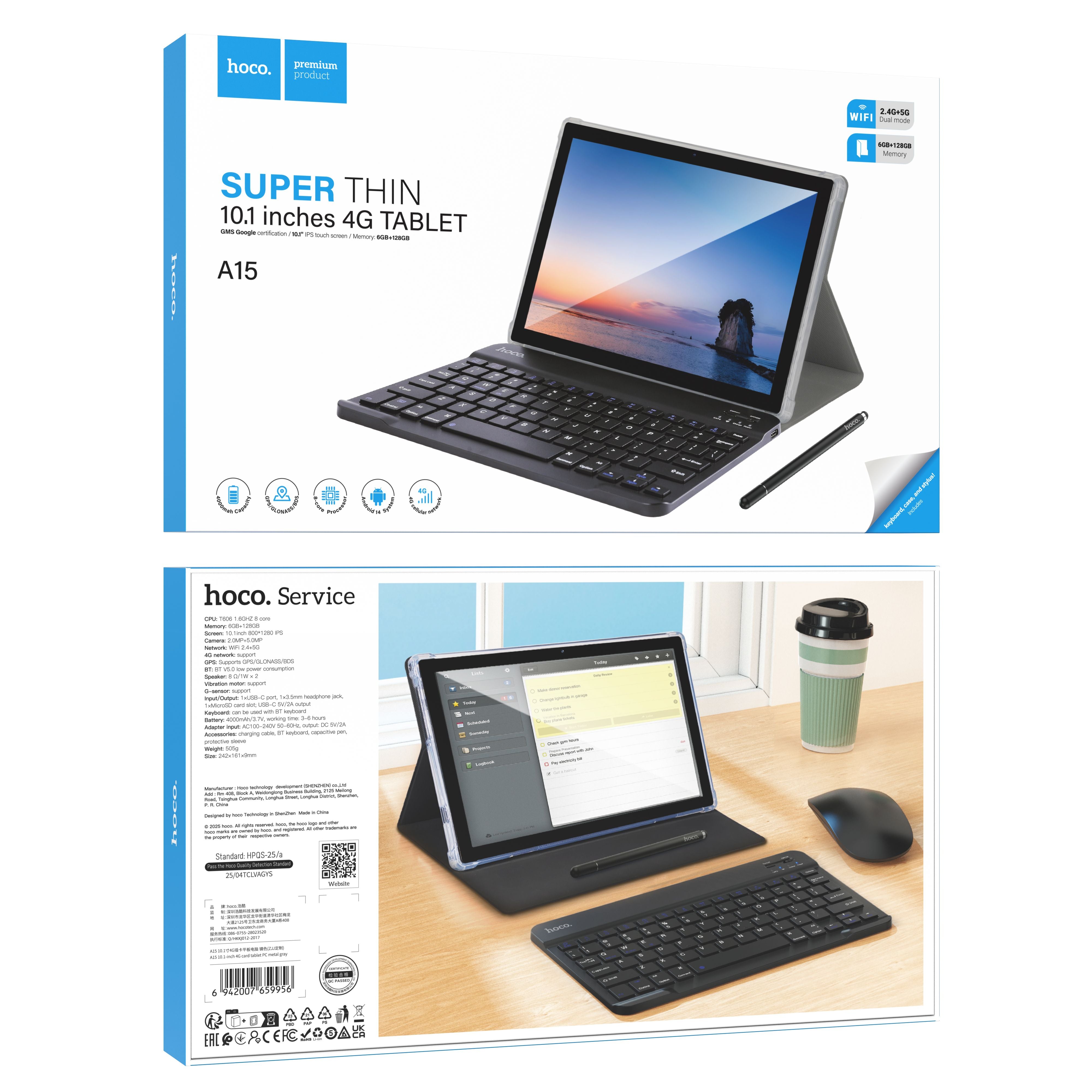 HOCO A15 TABLET ANDROID 10.1" 6GB / 128GB WIFI E 4G GRIGIO + TASTIERA E PENNA INCLUSA