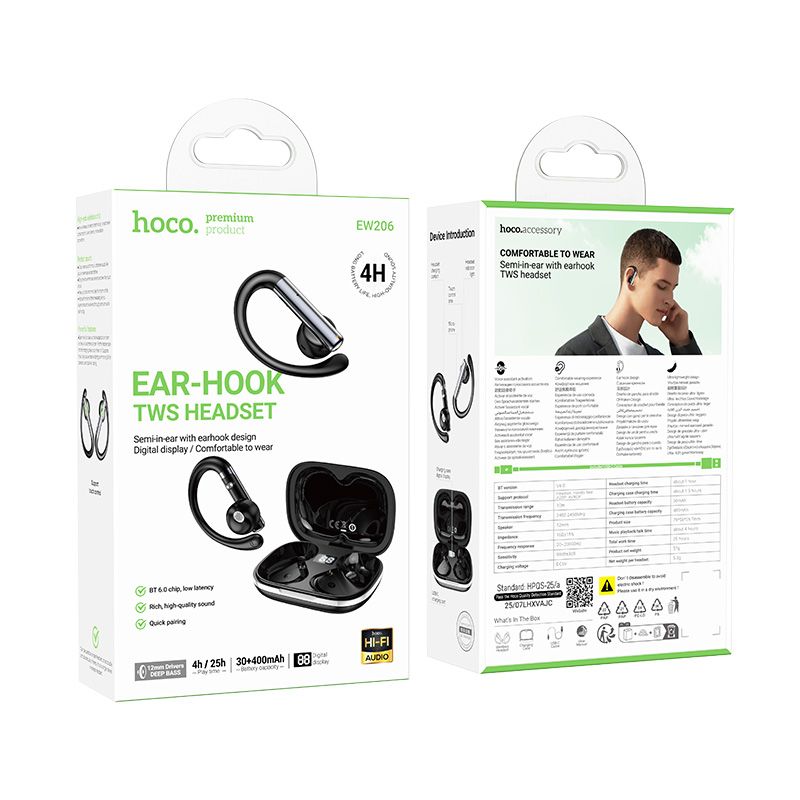 AURICOLARI HOCO EW206 BLUETOOTH + CUSTODIA/BASE DI CARICA NERO (BLISTERATO)