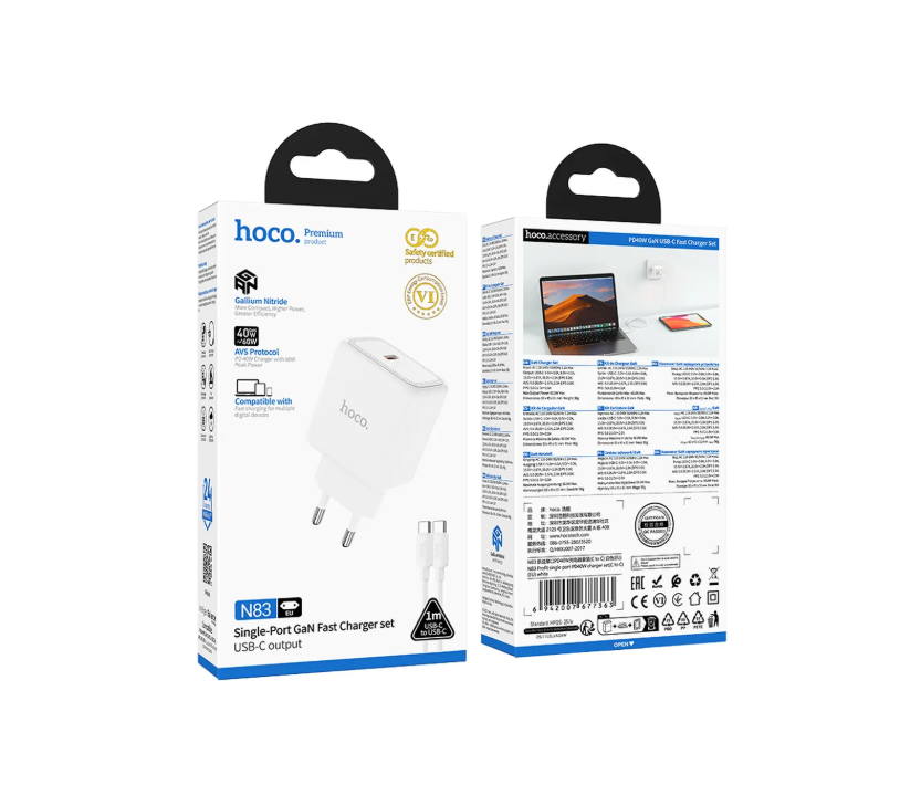 PRESA USB FAST-CHARGE HOCO N83 TYPE-C PORT + CAVO TYPE-C BIANCA GaN 60W (BLISTERATO)
