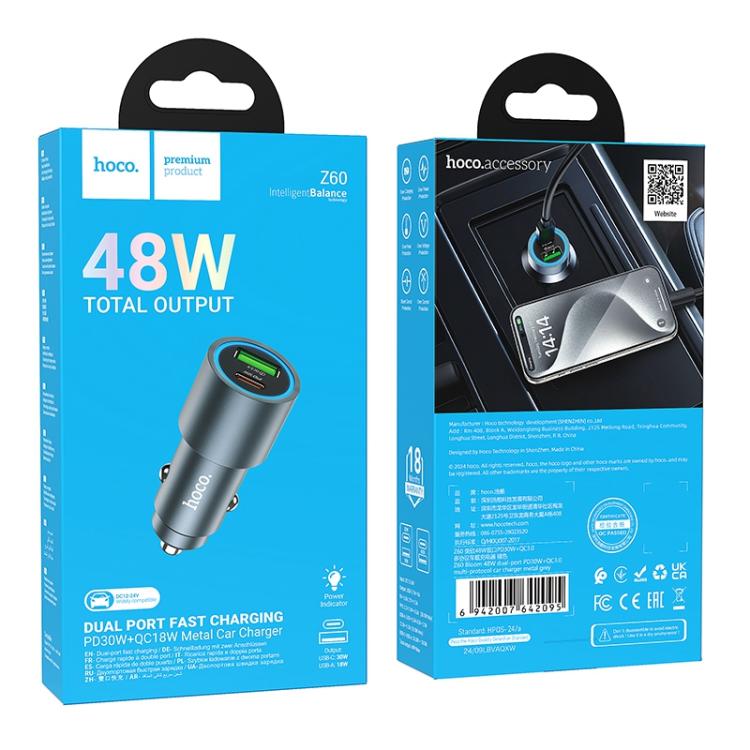 CARICABATTERIE DA AUTO HOCO Z60 DUAL-PORT USB + TYPE-C 48W NERO (BLISTERATO)