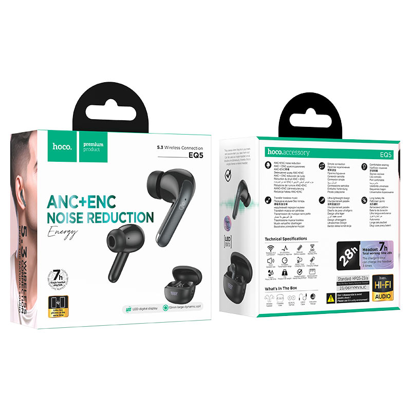 AURICOLARI HOCO EQ5 BLUETOOTH + CUSTODIA/BASE DI CARICA NERO (BLISTERATO)