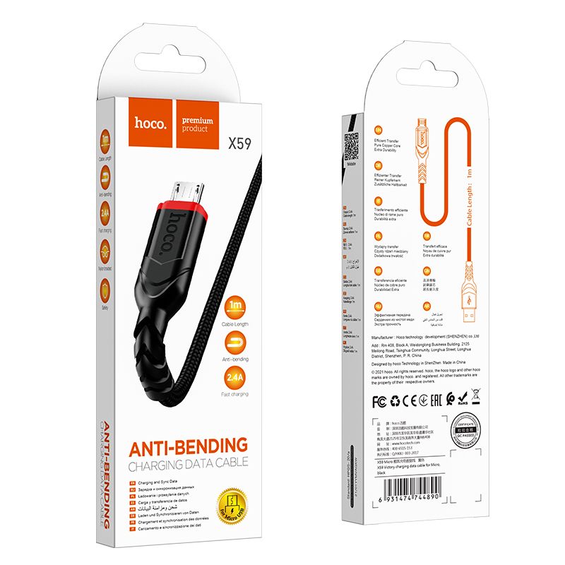 CAVO USB HOCO X59 MICRO 2.4A DA 3 METRI NERO (BLISTERATO)
